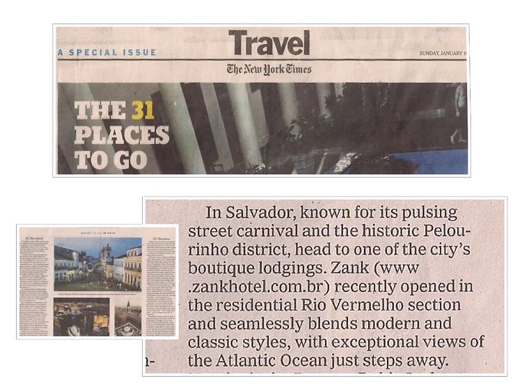 Recorte do caderno Travel do New York Times, edição “The 31 Places to Go”, com a matéria sobre o Zank Hotel em Salvador